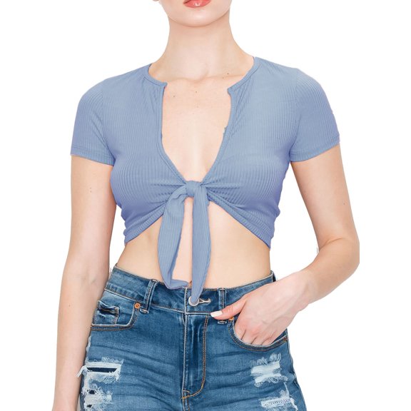 Women's Sexy Casual Tie Knotted Front Soft Rib Jersey Crop Top - Made in USA