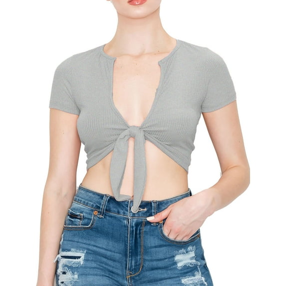 Women's Sexy Casual Tie Knotted Front Soft Rib Jersey Crop Top - Made in USA