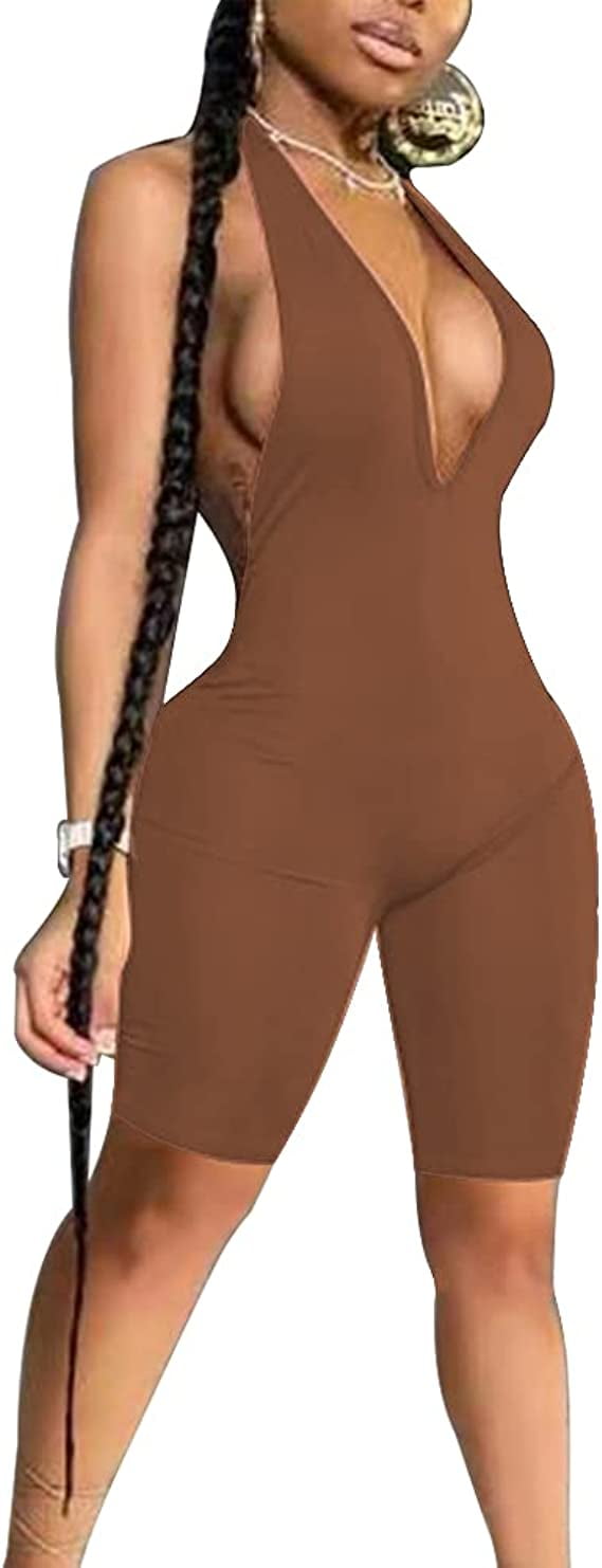 Women Casual Sexy Solid Color V-Neck Backless Tiered Rompers main image 0