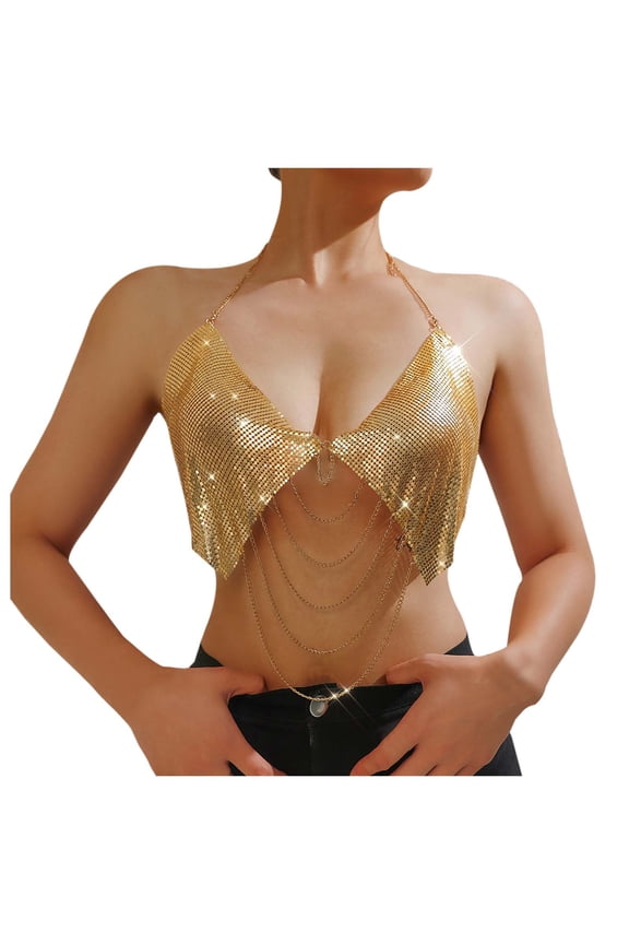 Women's Sexy Chain Metal Rhinestone Tank Top Backless Party Evening Wear Shimmering Embellished