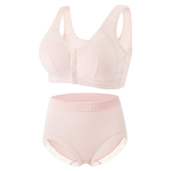 Women's Sexy Comfortable Front Button Bra and Brief Set No Underwire Soft Lace Underwear for Middle Age and Older Adults