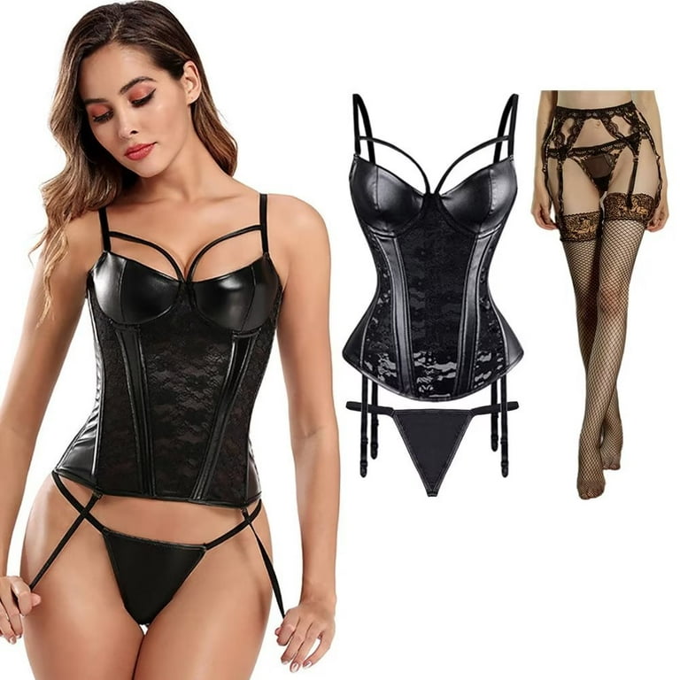 Women's Sexy Corset Leather Lingerie for Women Gothic Black Bustiers With  Stockings