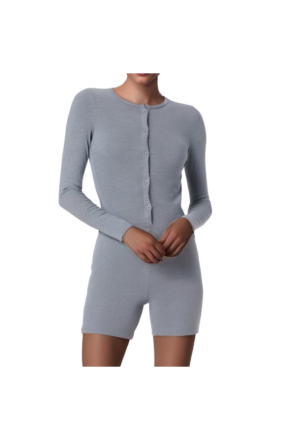 Women's Sexy Crew Neck Short Jumpsuits Buttons Long Sleeves Slim Fits Yoga Fitness Jumpsuits Jumpsuits