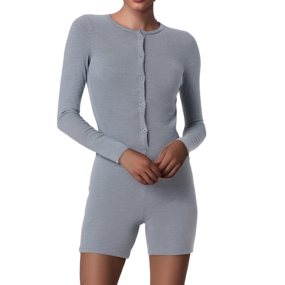 Women's Sexy Crew Neck Short Jumpsuits with Buttons, Long Sleeves, Slim Fit, Made of Polyester & Spandex, for Yoga & Fitness, Available in S L Sizes