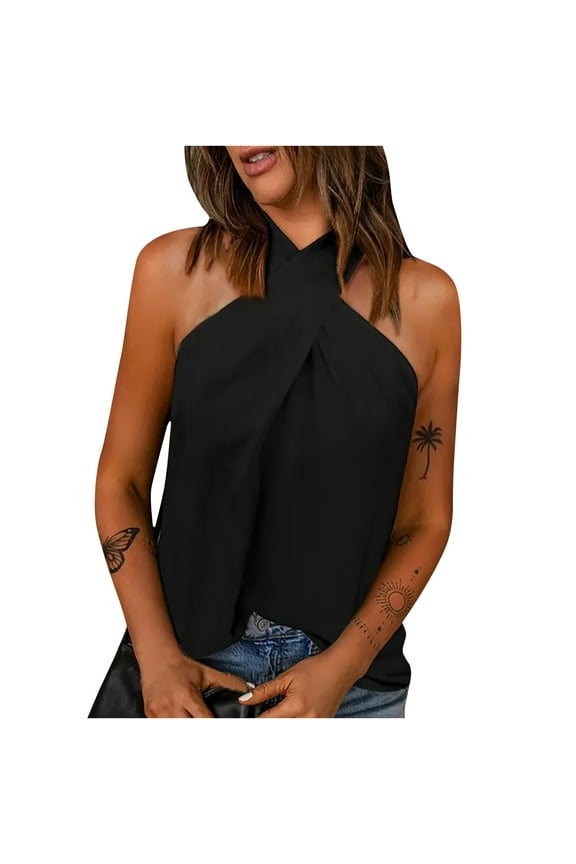 Women's Sexy Criss Cross Halter Sleeveless Wrap Tank Top Business Casual Blouses Sleeveless Shirts