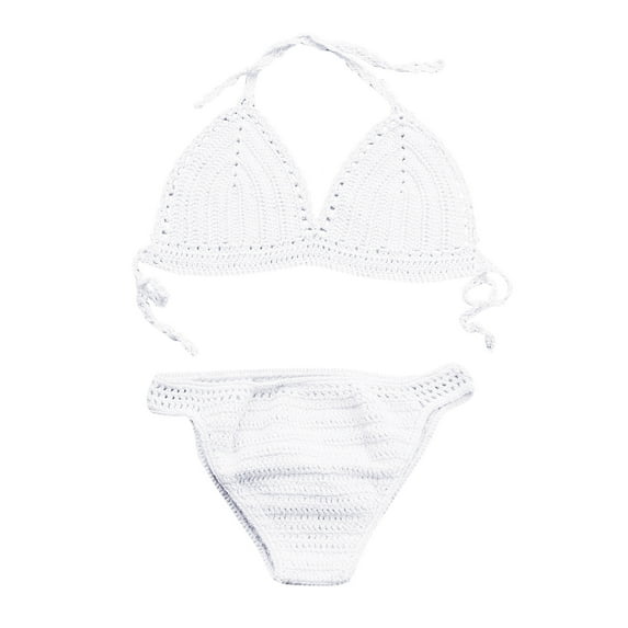 Women's Sexy Crochet Triangle Bikini Set Knitted Bathing Suits Padded Bra Beach Swimsuit Hollow out Backless Summer Strap Halter Neck Two-Piece Swimwear White M