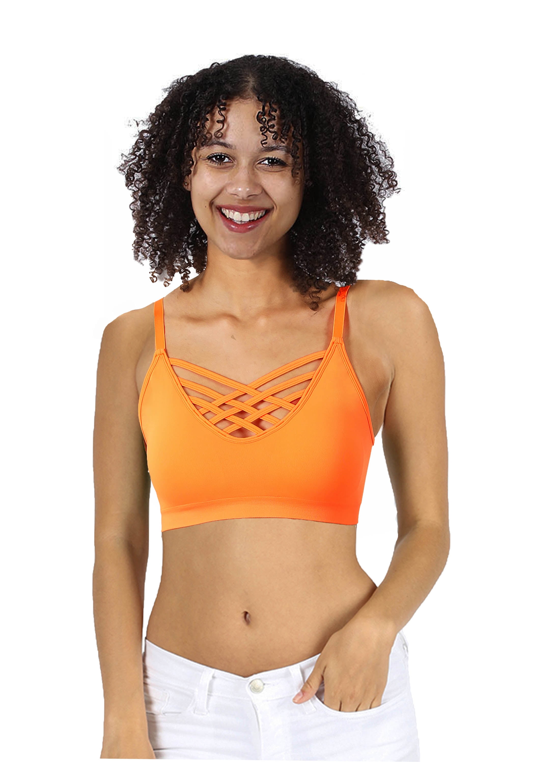 Women's Sexy Cross Strappy Wirefree Sports Bra Bralette with Removable Pads  (Bright Orange, LXL) 