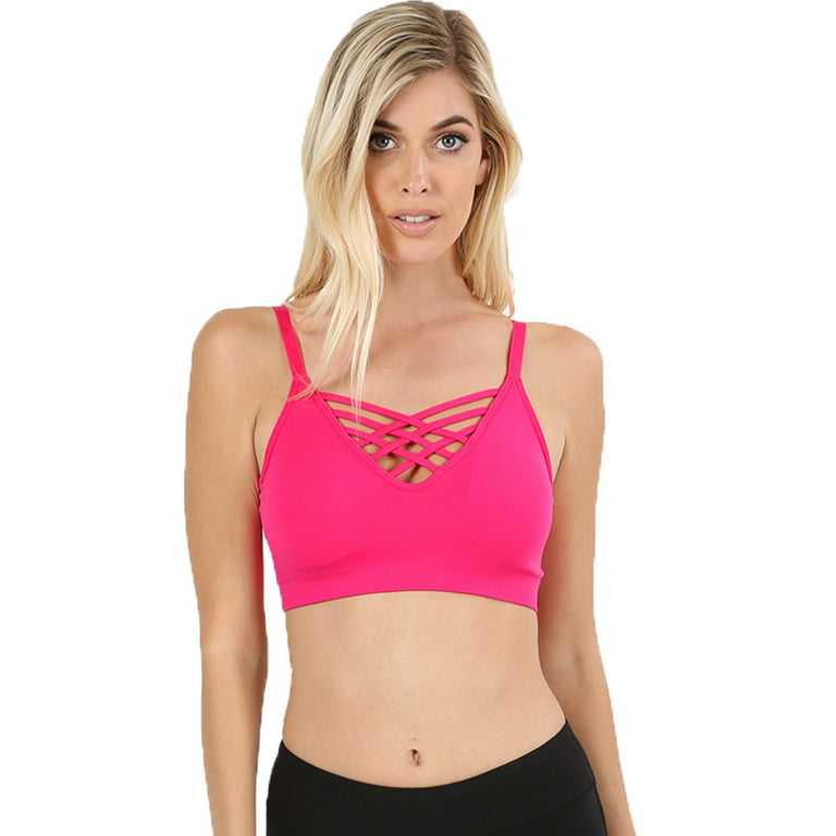 Women's Sexy Cross Strappy Wirefree Sports Bra Bralette with Removable Pads  (Hot Pink, LXL)