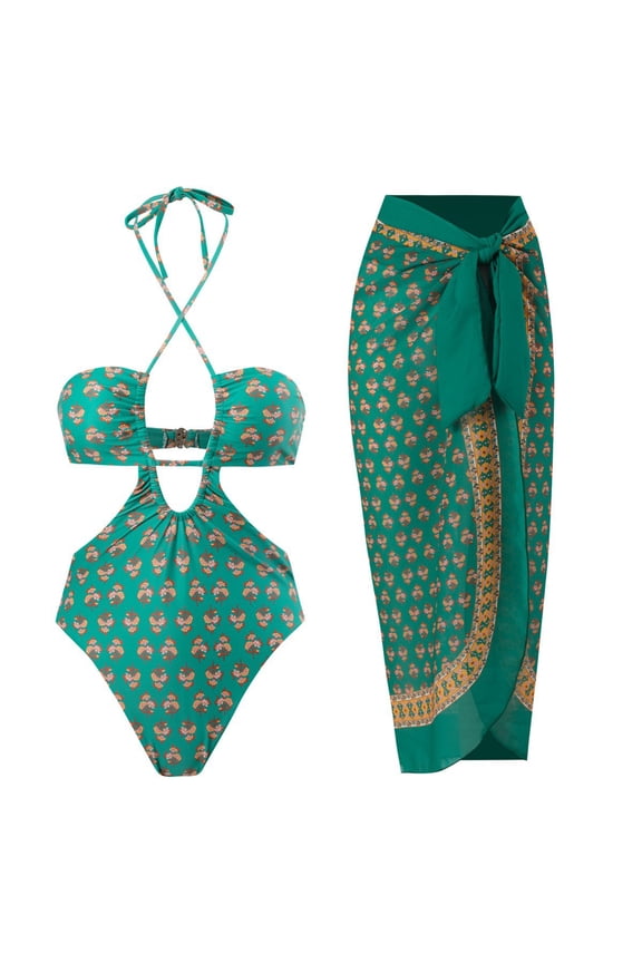 Women's Sexy Cutout Lace Up Backless High Cut One Piece Swimsuit Monokini Matching with Long Cover Up Swimwear Set