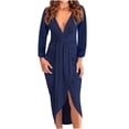 thumbnail image 1 of BLVB Women's Sexy Deep V Neck Bodycon Dress Long Sleeve Solid Color Pleated Fall Dresses Irregular Slim Party Midi Dress, 1 of 8