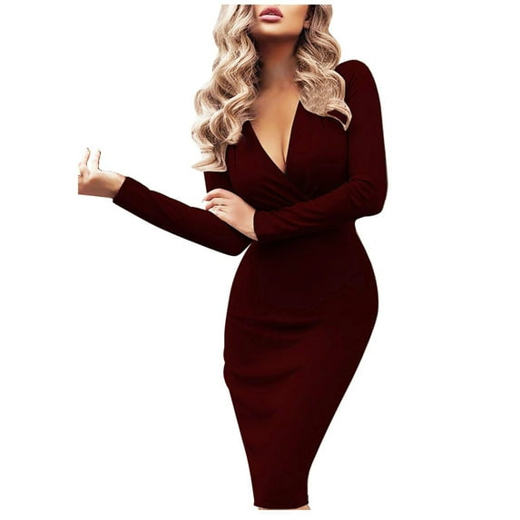 Women's Deep V Neck Fall Dresses Long Sleeve Pleated Wrap Dress Solid Casual Slim Fit Midi Pencil Dresses