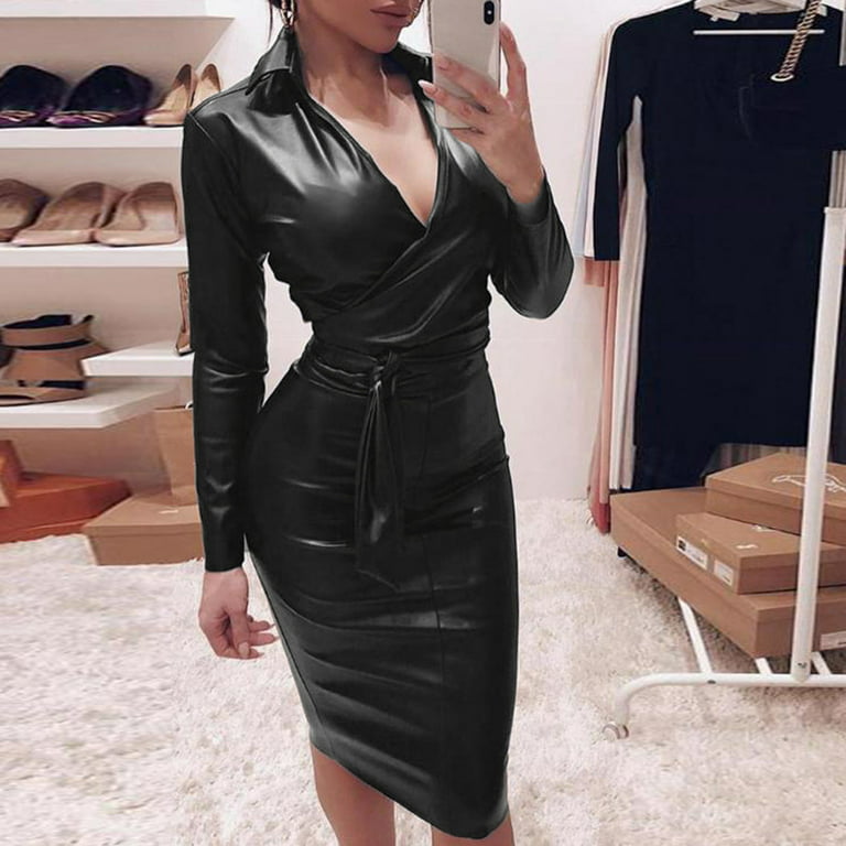 Autumn Solid Faux Leather Bodycon Mini Dresses Club Outfit For Women 2022  Sleeveless O Neck Party Short Dress Female