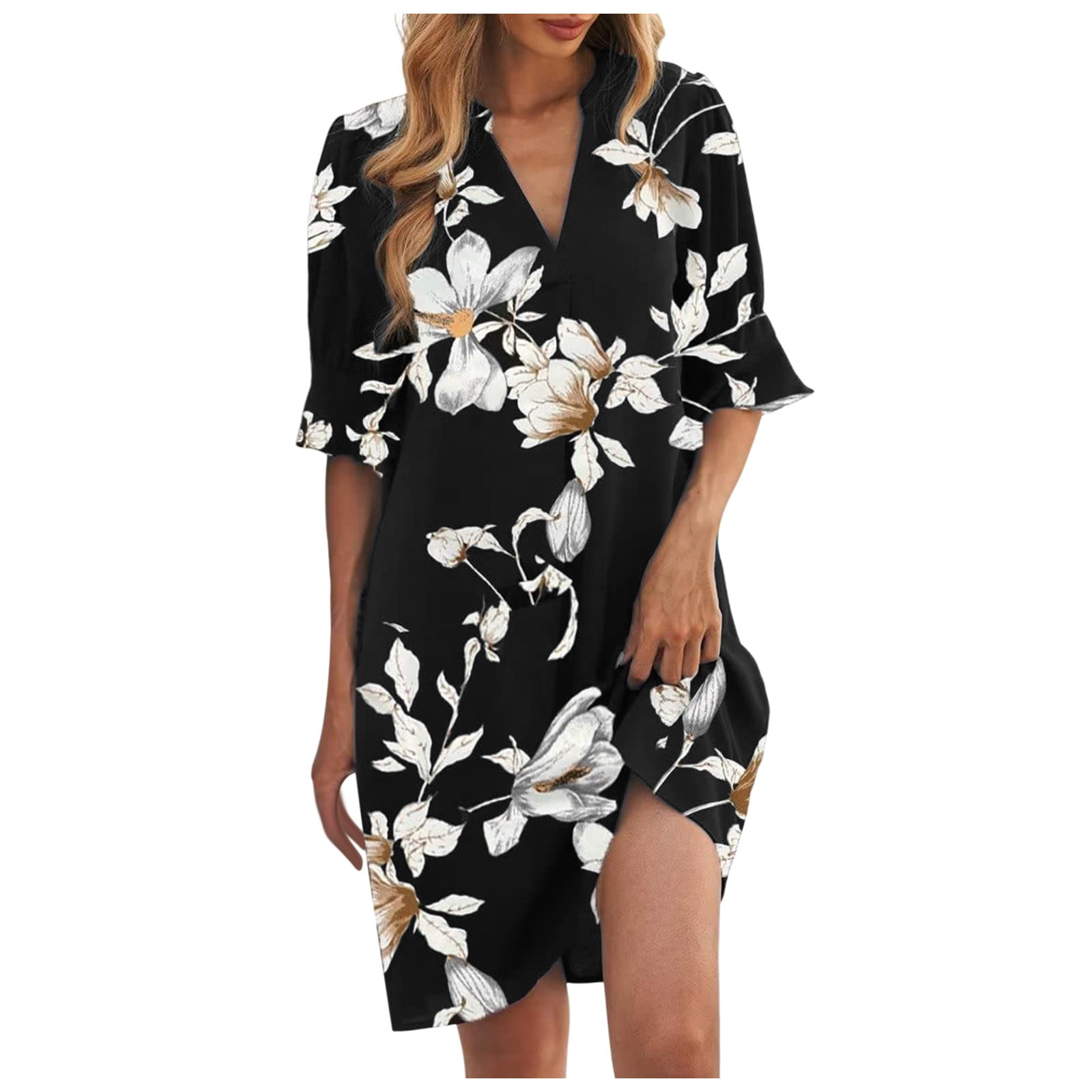 Women's Sexy Deep V Neck Half Sleeve Shirt Dress Elegant Summer Casual ...