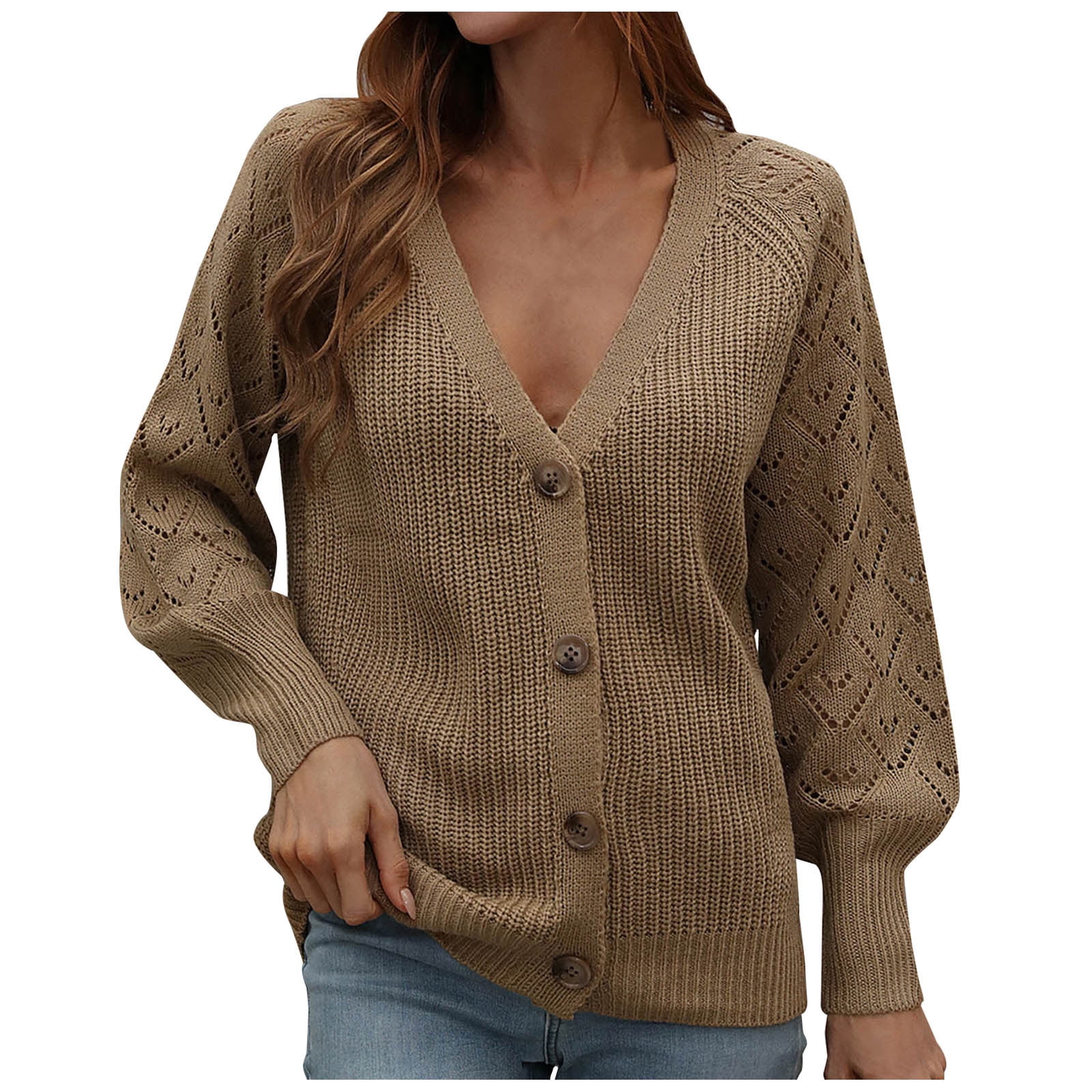 Women's Sexy Deep V Neck Knit Sweater Casual Hollow Out Button Up Loose