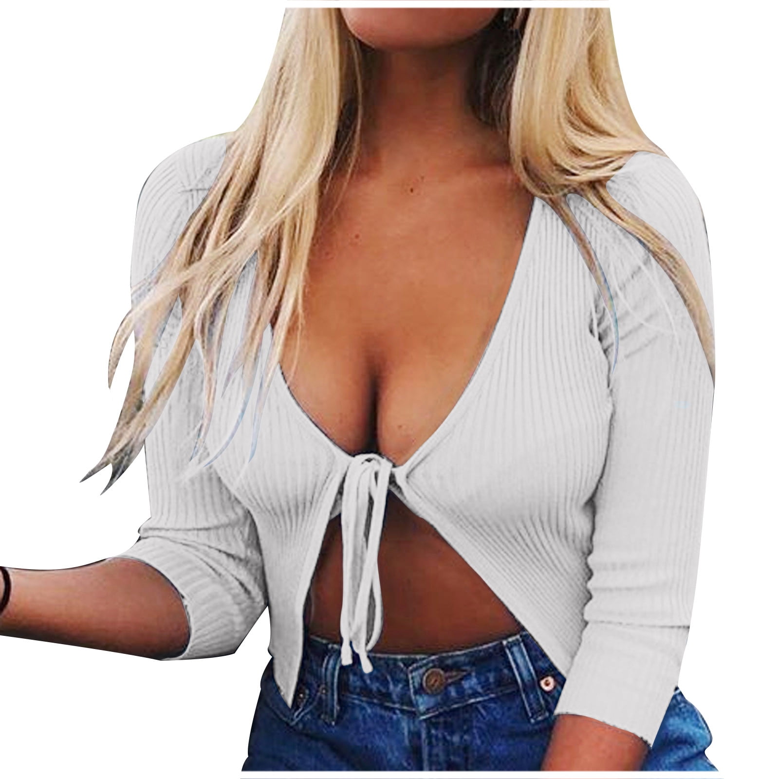 Women's Sexy Deep V Neck Knit Tops Long Sleeve Lace Up Solid Color Slim Fit  Shirt Girls Summer Fall Blouse Tees