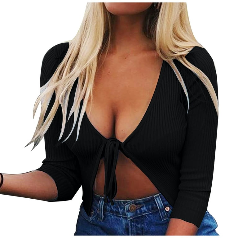 Women's Sexy Deep V Neck Knit Tops Long Sleeve Lace Up Solid Color Slim Fit  Shirt Girls Summer Fall Blouse Tees 