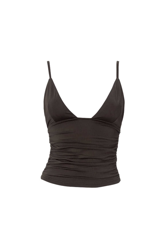 Women's Sexy Deep V-Neck Ruched Crop Tank - Spaghetti Straps Slim Fit Top - Polyester - Going Out/Beach/Party