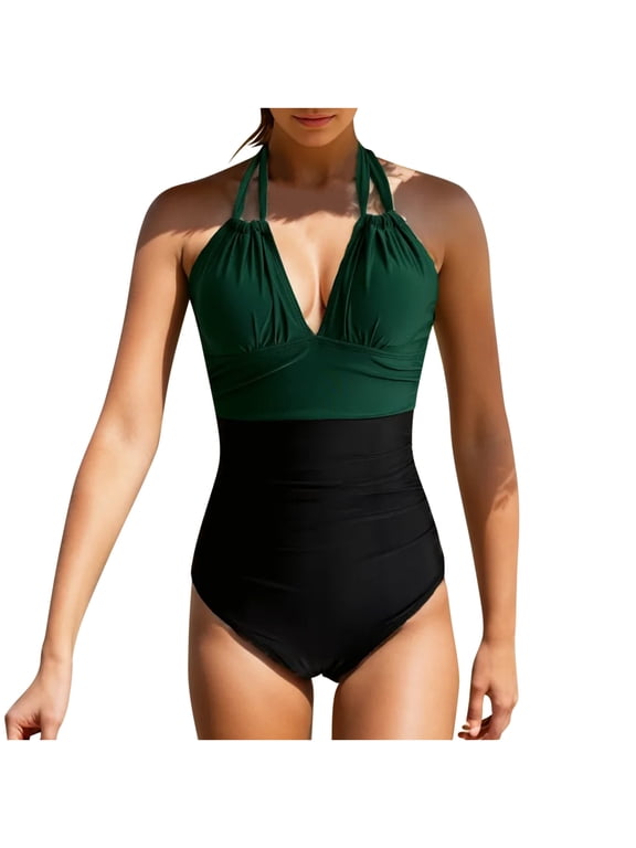 Women's Sexy Deep V Neck Ruffle One-Piece Swimsuit High Waist Tummy Control Bathing Suits Padded Push Up Monokini Swimwear Green S