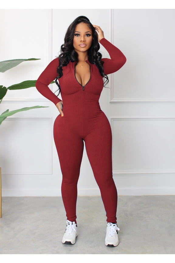 Women's Sexy Deep V-Neck Zip Jumpsuit Long Sleeve Pants Tights Jumpsuit Sports Jumpsuit