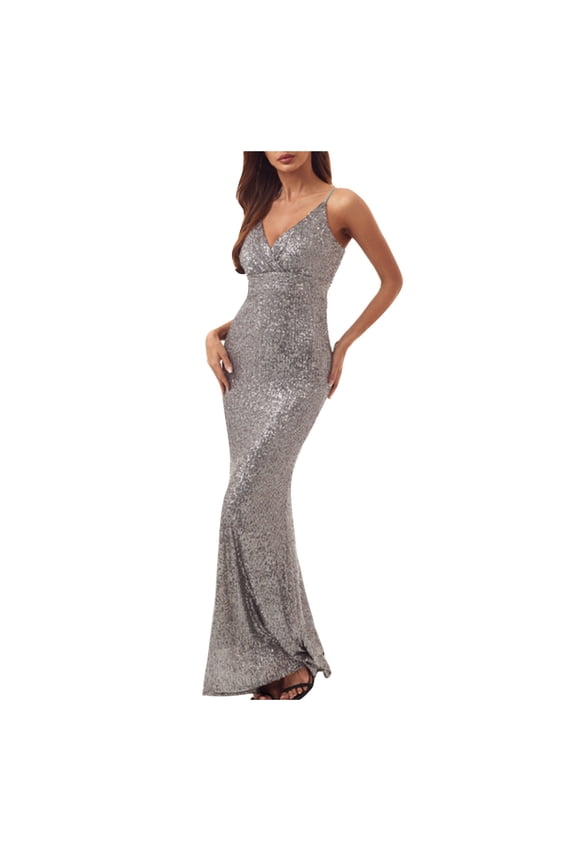 Women’s Sexy Deep V Sequin Dress Elegant Bodycon Backless Maxi Ball Gown Sleeveless Formal Mermaid Prom Dresses