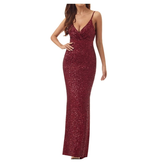Women’s Sexy Deep V Sequin Dress Elegant Bodycon Backless Maxi Ball Gown Sleeveless Formal Mermaid Prom Dresses