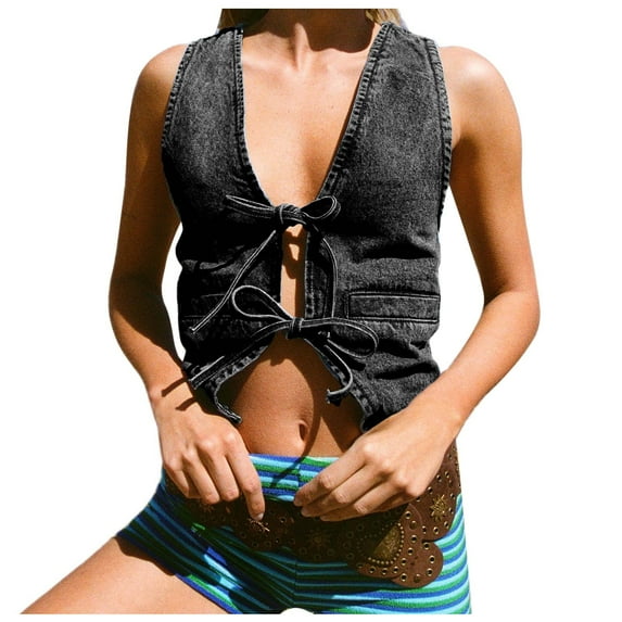 Women's Sexy Denim Vest - Deep V-Neck Tie-Up Front - Cropped Sleeveless Tank - Slim Fit for Club/Party/Summer