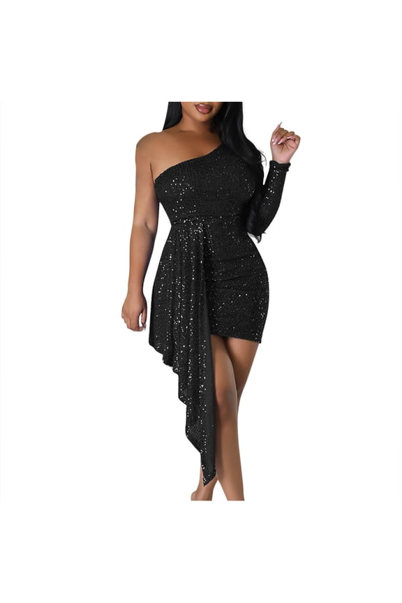 Women's Sexy Elegant Sequins Mesh See Through Glitter One Shoulder Bodycon Birthday Party Club Night Mini Dress