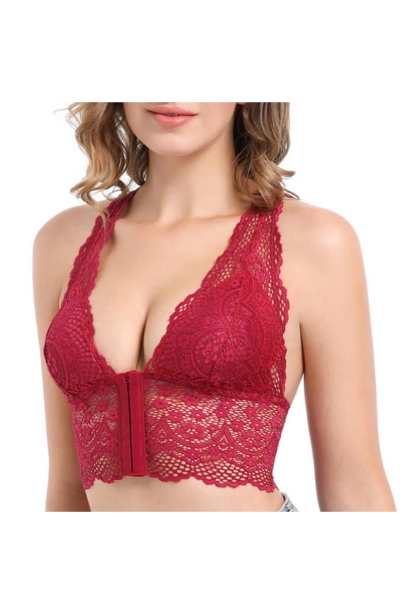 Women's Sexy Floral Lace Front-Close Padded Bralette Comfy Racerback Halter Plunge Wireless Bra