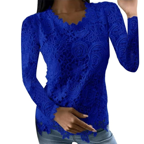Women's Sexy Floral Lace Shirt Casual Lace Crochet Floral Shirt Round Neck Long Sleeve Blouses Tops Shirts Dressy Blouses