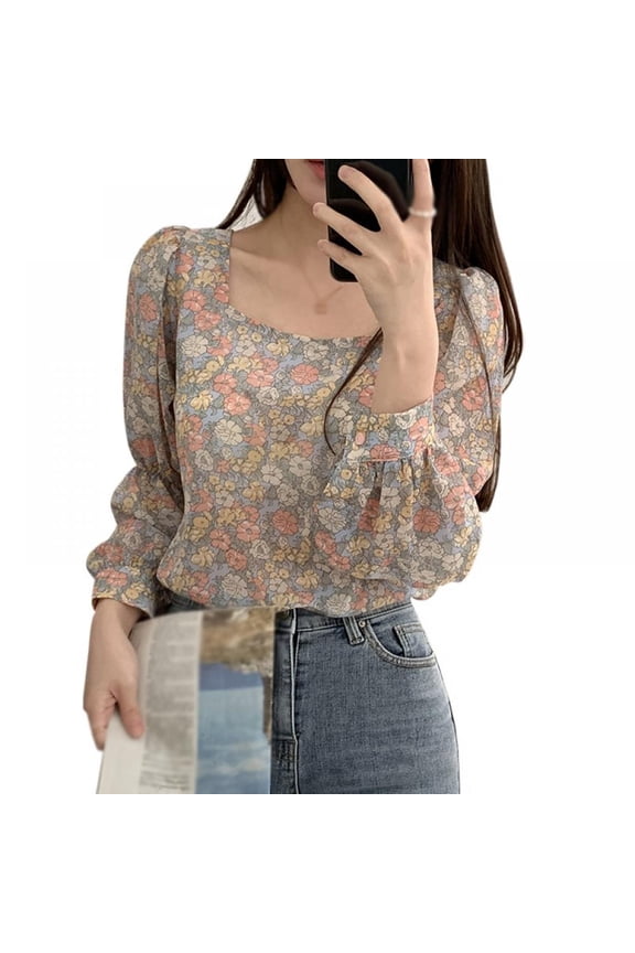 Women's Sexy Floral Shirt Square Collar Sweet Long Sleeves Chiffon Shirt Blouse Pink