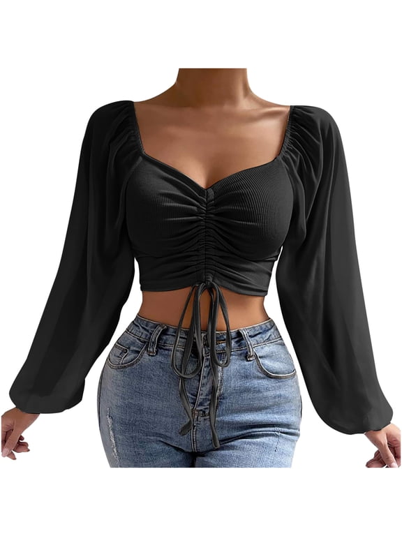 Women's Sexy Front Ruched Crop Top Sweetheart Neck Long Puff Sleeve Blouse Tie Drawstring Ruched Ribbed Shirts