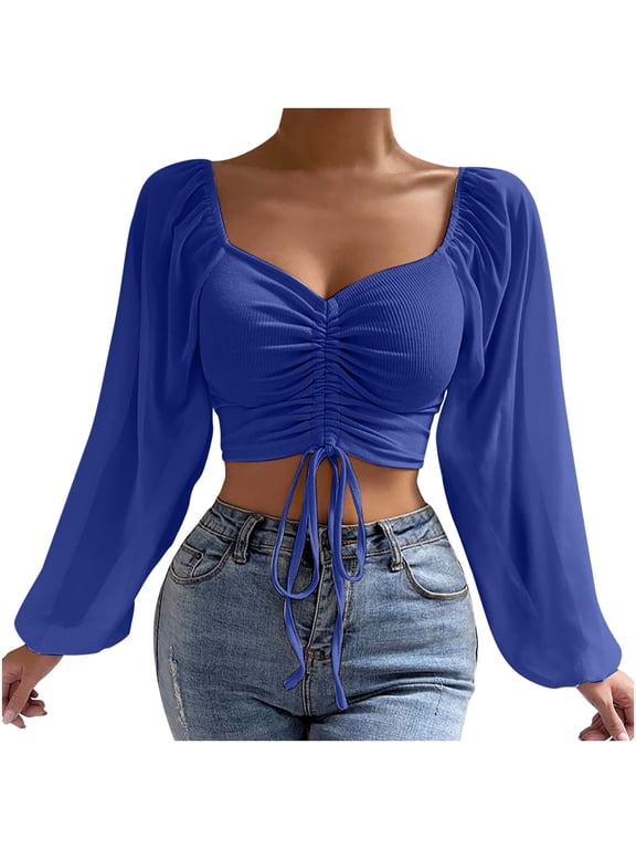 Women's Sexy Front Ruched Crop Top Sweetheart Neck Long Puff Sleeve Blouse Tie Drawstring Ruched Ribbed Shirts