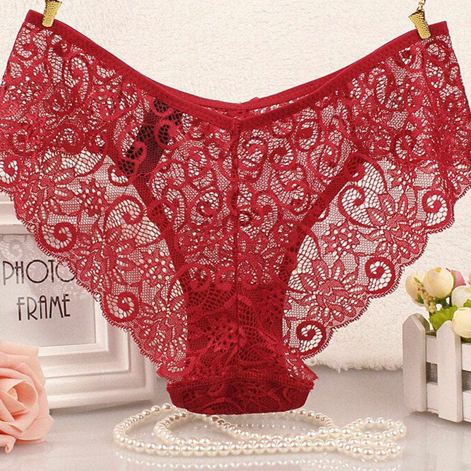 Women's Sexy Full Lace Panties S-XL 5Colors High-Crotch Transparent Floral  Bow Soft Briefs Underwear Culotte Femme Red L 