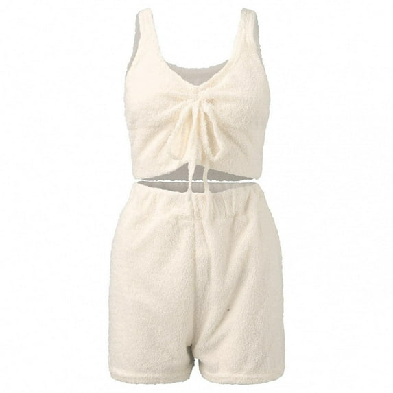 Women's Fuzzy Fleece 3 Piece Outfits Pajamas Soft Cardigan Coat Jacket and Crop Tank Top Shorts Set Loungewear