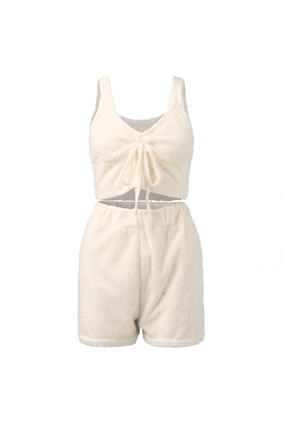 Women's Fuzzy Fleece 3 Piece Outfits Pajamas Soft Cardigan Coat Jacket and Crop Tank Top Shorts Set Loungewear