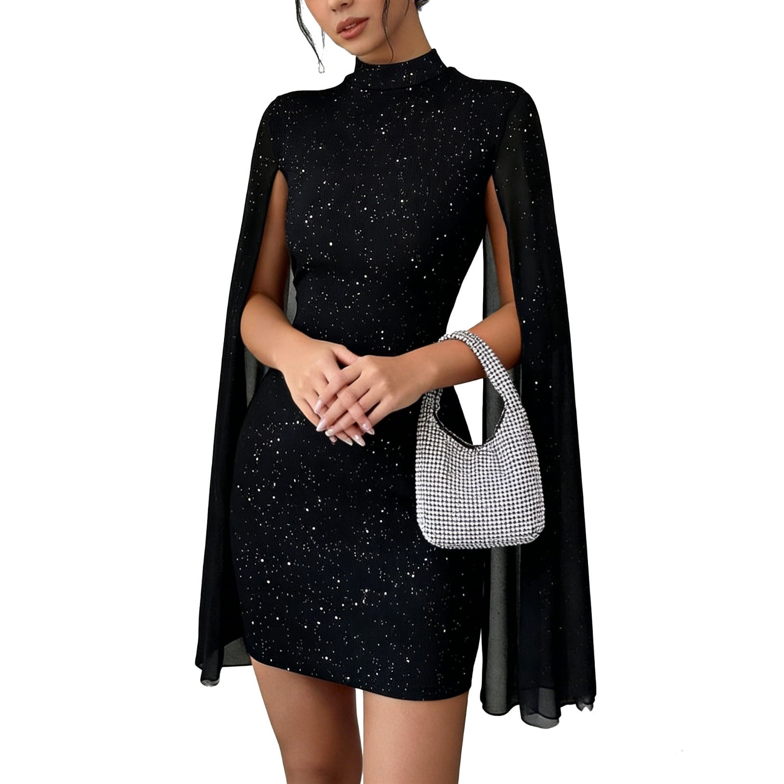 PrvdeBri Women's Sexy Glitter Mock Neck Cloak Sleeve Bodycon Mini Dress Sparkly Cocktail Prom Evening Party Dress,Black,XXL, Size: 2XL