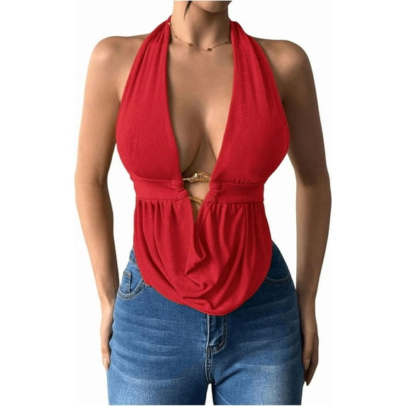 Women's Sexy Halter Going Out Top Open Back Deep V Neck Sleeveless Vest Tank Tops Party Clubwear
