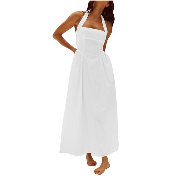 Women's Sexy Halter Neck Sleeveless Fit and Flare Pleated Swing Prom Party Maxi Dress with Pockets