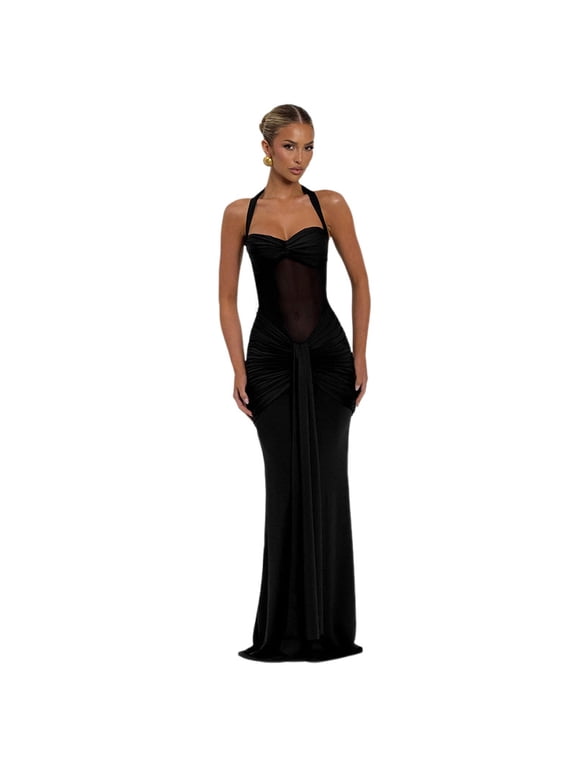 Women's Twist Knot Bodycon Halter Dress Sleeveless Backless Wedding Guest Long Dresses 