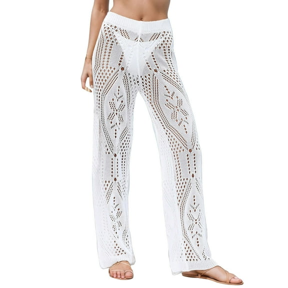 Women's Sexy Hollow Out Crochet Beach Pants - High Waist Mesh Cover Up for Swimwear, S-XL