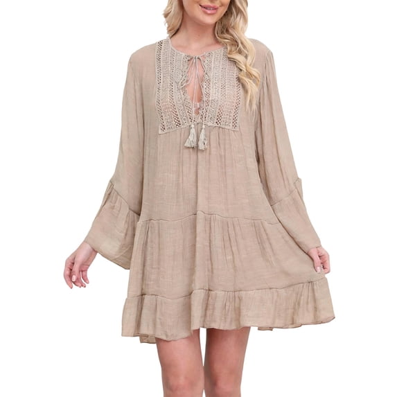 Women's Sexy Hollow Out Laceup V Neck Beach Dress Long Sleeve UPF 50+ Sun Protection Vacation Mini Cover Ups