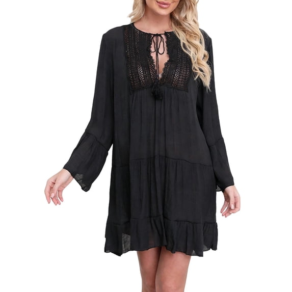Women's Sexy Hollow Out Laceup V Neck Beach Dress Long Sleeve UPF 50+ Sun Protection Vacation Mini Cover Ups