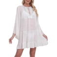 thumbnail image 1 of Women's Sexy Hollow Out Laceup V Neck Beach Dress Long Sleeve UPF 50+ Sun Protection Vacation Mini Cover Ups, 1 of 8