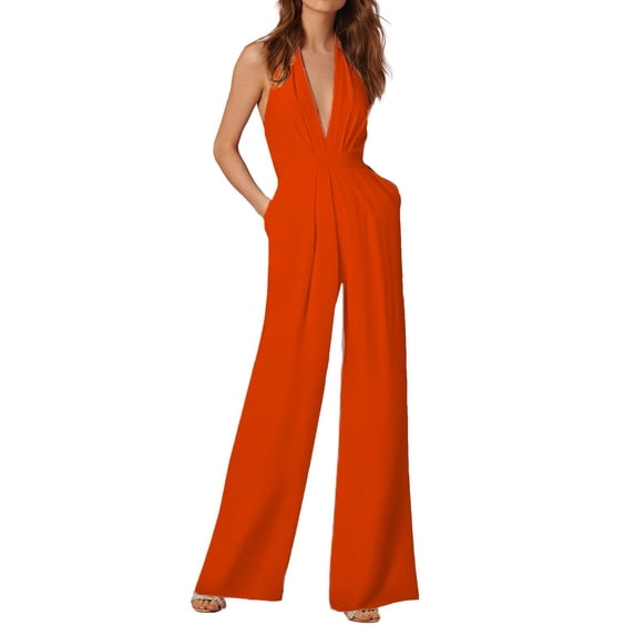 Women's Sexy Jumpsuit, Sleeveless Deep V Halter Neck Backless Wide Leg Jumpsuit, Elastic Waist Party Outfit, Flattering Fit for Women, Evening Wear and Special Occasions-Orange