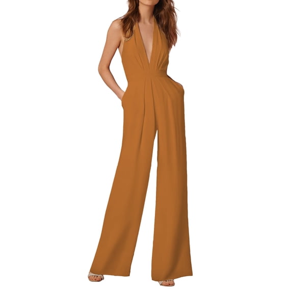 Women's Sexy Jumpsuit, Sleeveless Deep V Halter Neck Backless Wide Leg Jumpsuit, Elastic Waist Party Outfit, Flattering Fit for Women, Evening Wear and Special Occasions-Brown