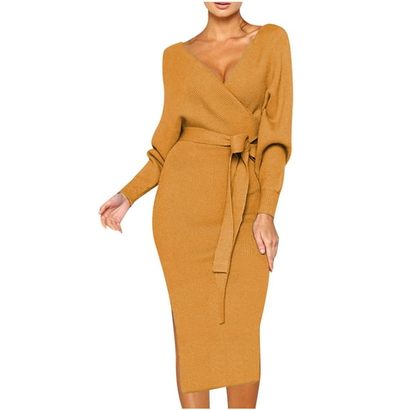 Women's Knit Dress Deep V Neck Long Sleeve Fall Winter Dresses Solid Tie Waist Casual Bodycon Midi Pencil Dress