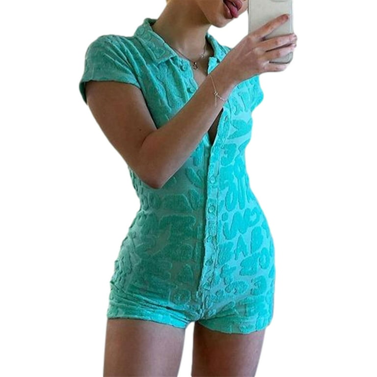 Women's Sexy Knit Short Sleeve Short Jumpsuit Button Down V Neck