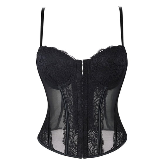 Women's Sexy Lace Back Zipper Corset Top Bustier with Mesh Sheer Fishbone Waist Cincher β G-String Body Shapewear for Daily or Party Wear Black L