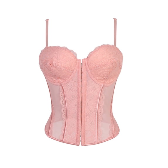 Women's Sexy Lace Back Zipper Corset Top Bustier with Mesh Sheer Fishbone Waist Cincher β G-String Body Shapewear for Daily or Party Wear Pink XS