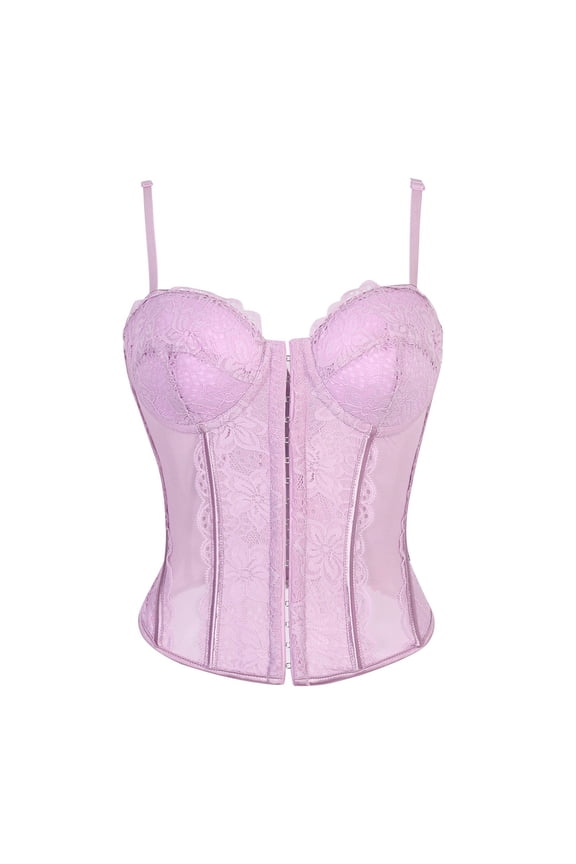 Women's Sexy Lace Back Zipper Corset Top Bustier with Mesh Sheer Fishbone Waist Cincher – G-String Body Shapewear for Daily or Party Wear Purple M